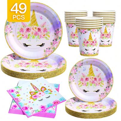 Unicorn Disposable Plate, Napkin, Cup Set, Plates, Napkins And Cups Party Supplies, Serves 8 Guests, Disposable Paper Plates Party Tableware Suitable For Birthday, Wedding, Theme Party, Family Picnic