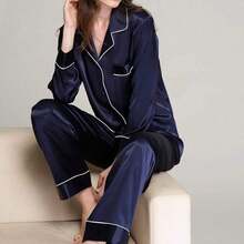 Valentine's Day Limited High-End Fashion Satin Silk Women's Pajama Set Long Sleeve Button-Down Sleepwear XS-3XL Comfortable Warm Loungewear - 藏蓝色 - 查看 9