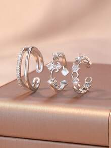 3pcs/Set Fashionable Silver Heart Woven Textured Geometric Rings Set For Women, Innovative Design, Lightweight & Luxurious, Open Rings - Silver - View 5