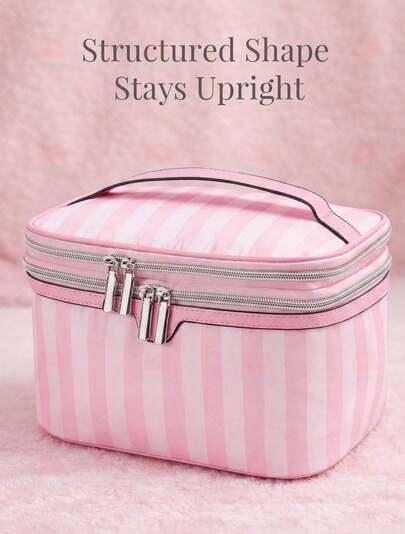 Cute Pink & White Stripe Makeup Bag, Nylon Travel Cosmetic Organizer Toiletry Pouch With Compartments, Portable Storage Bag For Women And Girls