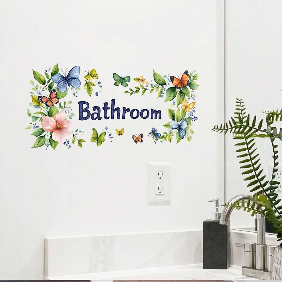 2片装大尺寸浴室墙贴，水彩蝴蝶花环紫色花朵图案，印有“浴室”字样，自粘防水PVC乙烯基材质，适用于卫生间、浴室门等家居装饰，可移除艺术壁画，适用于客房、公寓改造和日常生活美化。 - 牆貼 - 查看 1
