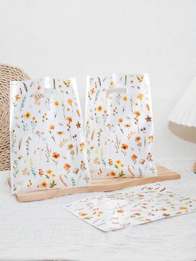 50个装治愈系花卉手提袋，水彩风格雏菊图案，便携式收纳礼品袋，适合生日礼物和日常送礼