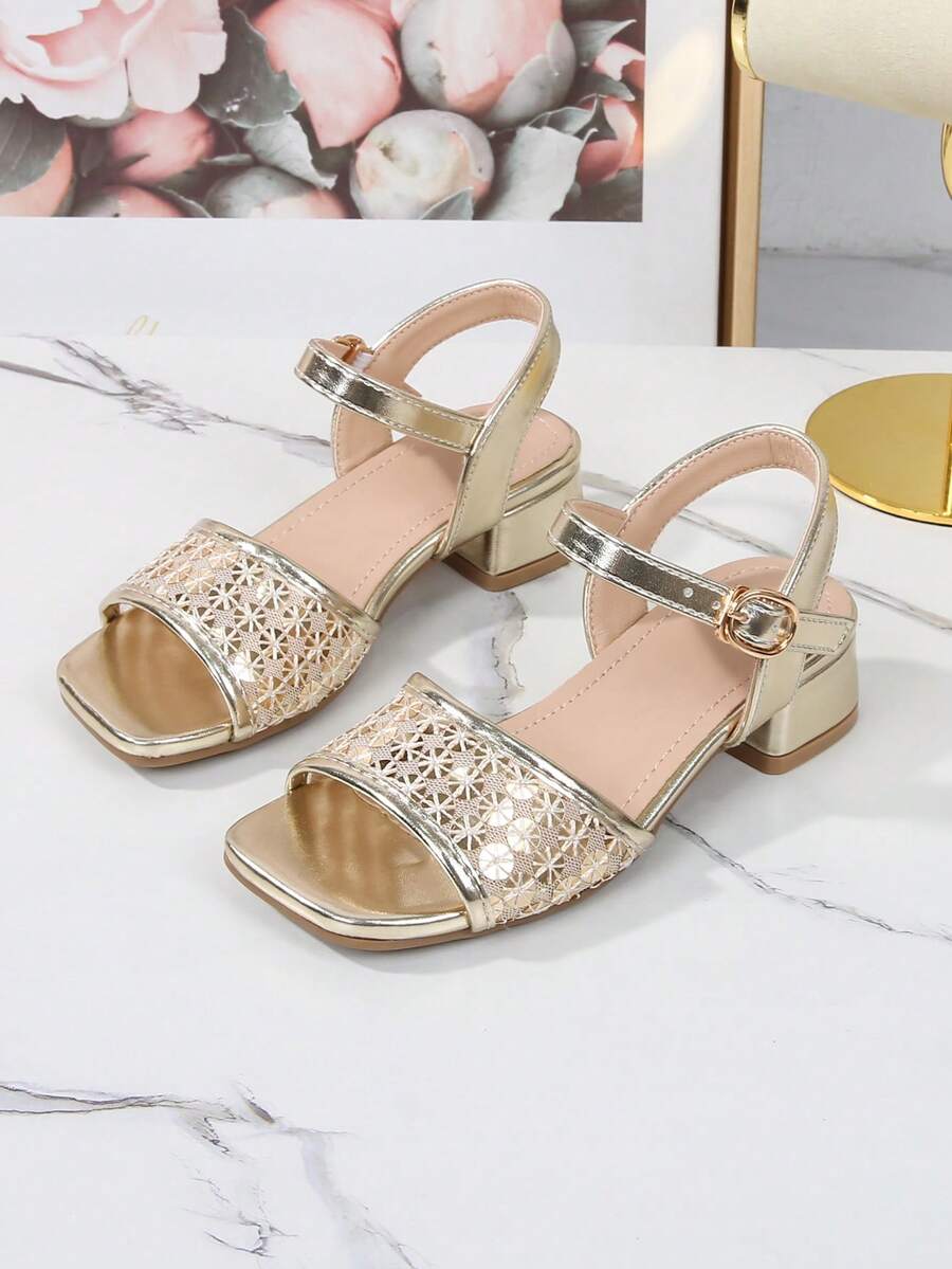 Girls' High-End Fashion Elegant Party Dress Sandals, Solid Color Open Toe High Heel Sandals, Breathable & Lightweight Formal Shoes, Mesh With Beaded Design, Suitable For Party, Performance, Banquet, Wedding, Square Toe High Heel Sandals