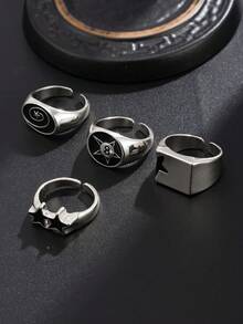 4件套 时尚朋克风螺旋星形戒指，男女皆宜，适合青少年和成人日常休闲佩戴 - 銀色 - 查看 7