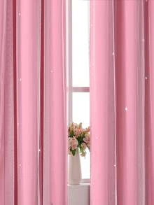 1pc Hollow Star Sheer Curtain, Polyester Lace Double Layer Curtain, Darkening Curtain For Living Room Bedroom, Cute Style - Coral Pink - View 7
