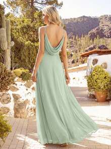EVERPRETTY Spring Solid Color Pleated Bust Camisole Dress, Spaghetti Strap Draped Open Back Design, Elegant Sage Green Bridesmaid Dress, Wedding Guest Dress - Mint Green - View 3