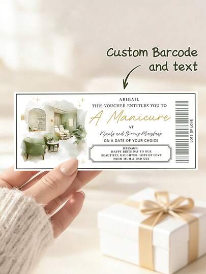 1/3-pack personligt presentkort för manikyr, anpassad streckkod och text, spa-present till henne, personlig skönhetsupplevelse, födelsedagspresent till dotter, mamma, vän