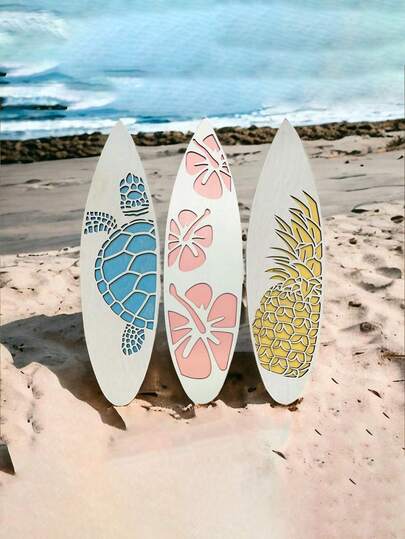 3件套海洋主题彩色镂空挂饰，热带动物和花卉图案，海岸风格冲浪板造型，镂空细节，轻巧便携，可作为视觉焦点装饰，适用于家居墙壁、门窗、阳台、客厅、卧室、浴室、海滨别墅、夏季派对、假日海滨主题房间装饰。