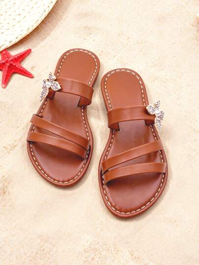 1 Pair Of Girls' Brown Multi-Diamond Style Sandals, Open-Toe Flat, Comfortable And Shining, Vintage Sweet, Summer Beach Shoes