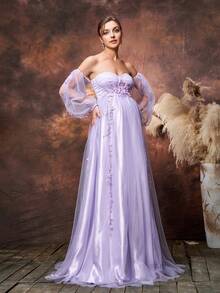 Faeriesty 优雅孕妇露肩长袖晚礼服 | 轻盈网纱面料，胸前褶皱设计凸显女性柔美，后背系带可调节，打造专属贴合感，裙摆和袖口饰以3D立体花卉贴花，增添浪漫气息，适合春季婚礼、母亲节等场合。 - 紫丁香色 - 查看 5