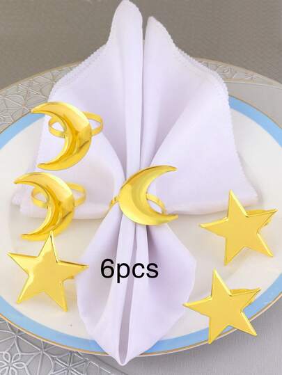 6 piezas Anillos para servilletas con estrellas y lunas doradas, adecuados para decoración de mesa de fiesta, portaservilletas para banquetes