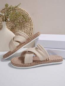 Nuevas sandalias/pantuflas planas de playa bohemias versátiles de moda para exteriores/interiores de talla grande, ropa de calle Y2K - Beis - Ver 5