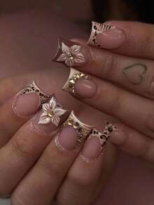 24pcs French Short Square Press On Nails Set With 3D Embossed Leopard Print Floral Rhinestone Decorations Includes 1pc Jelly Gel And 1pc Nail File Reusable Artificial Nail Tips For Women Girls Party Date Daily Wear Sweet Cool Stylish - 彩色 - 查看 2