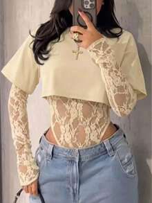 Áo croptop tay ngắn xuyên thấu ren gợi cảm dành cho nữ, áo liền thân ren phối màu trơn, thích hợp mặc hàng ngày, hẹn hò, tiệc tùng, biểu diễn sân khấu, phong cách thanh lịch mùa xuân/hè. - Màu be - Xem 4