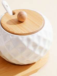 一套陶瓷厨房储物罐，1个大罐1个小罐，配有竹制托盘和陶瓷勺，北欧简约日式风格，白色陶瓷质感，高端品质，菱形、波浪、鸟巢图案，适用于酒店、餐厅、家庭厨房用品、节日、聚会、斋月、春节厨房、客厅收纳装饰，圆形竹盖，可存放香料、胡椒、盐、糖等调味料。 - 白色 - 查看 10