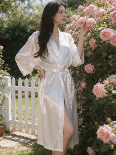 1pc Solid Color Elegant Waist Tie Bathrobe, Sexy Short Satin Silk Sleepwear, Lightweight Knit Robe, Bridal Morning Gown, Silk Nightgown, Wedding Morning Robe, Suitable For Brides, Bridesmaids, Home & Hotel Wear, Short Dress For Wedding Season, Can Be Worn As Bathrobe Or Sleepwear