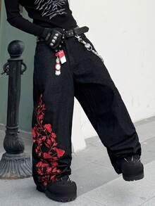 1 pieza Jeans de pierna ancha con bordado de estilo callejero de moda para hombres, suelto y cómodo, versátil para todas las estaciones (No se incluye cinturón ni accesorios) - Negro - Ver 5