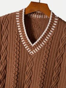 Men's Collegiate Style Cable Knit V-Neck Sleeveless Sweater Vest - Brown - View 3
