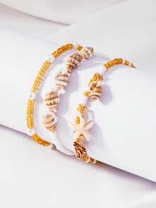 3pcs/Set Bohemian Style Beaded Anklet Set, Starfish & Shell Pendant Anklets, Summer Beach Holiday Party Accessory - Style 2 - View 2