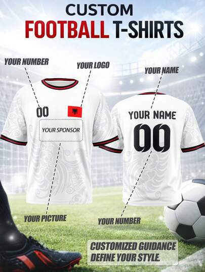 Customizable Plus Size Albania Football T-Shirt For Men, Crew Neck, Quick-Dry Breathable Material, Suitable For Team Matches, Training, Sports, Casual Wear, Cheering, Gifts, Fashionable For Spring/Summer Sports Season