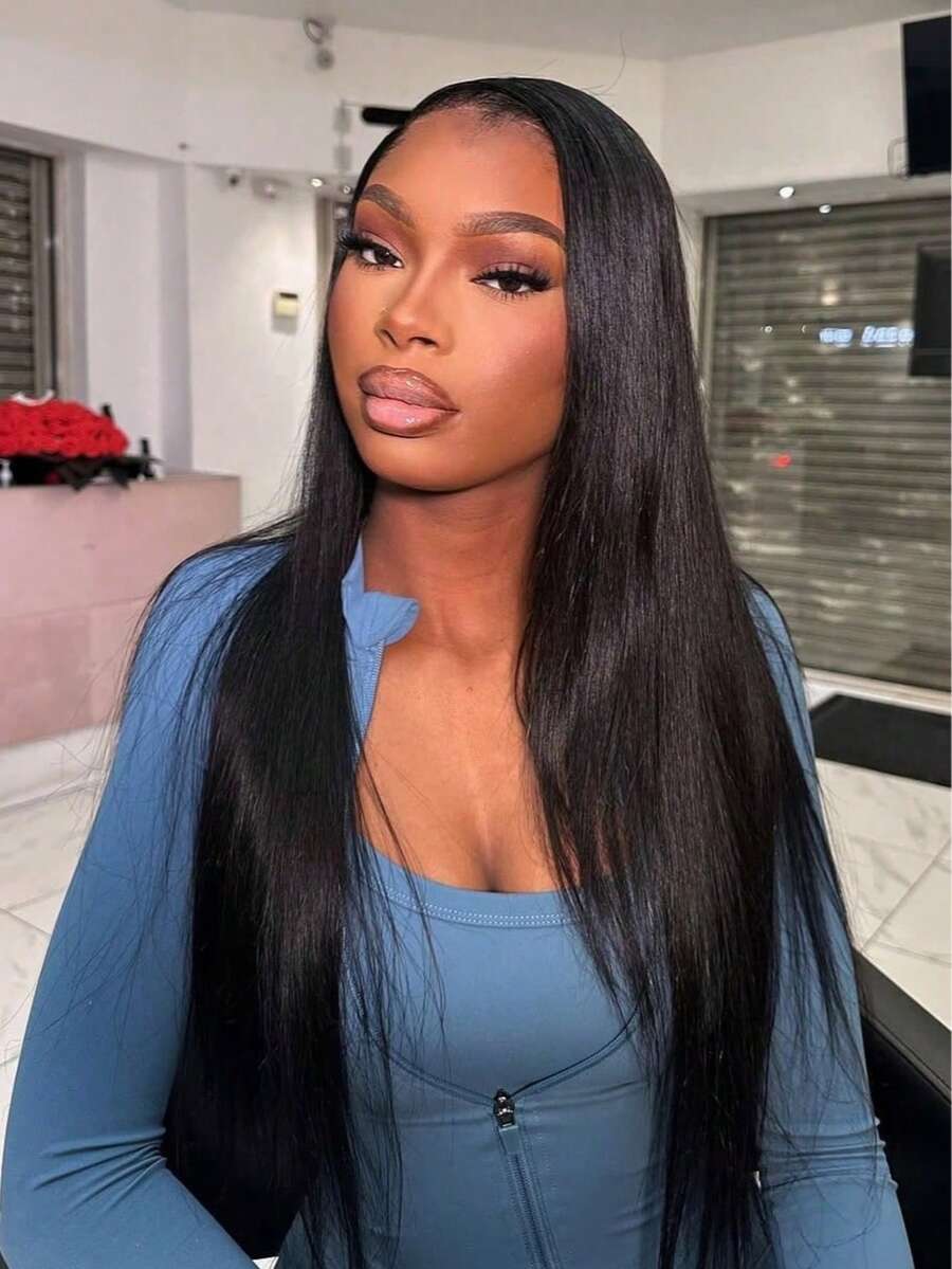 ZHUICHAO 黑色长直发混纺真人发假发，13x4 大面积高清透明蕾丝前额编织，巴西原生发假发，带Bady发丝和预漂白发结，可自由造型，高温丝无胶扣网帽，优雅蕾丝前额，深色发根。 - 1B# - 查看 1