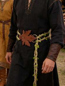 一套绿色叶子手工编织绳和PU皮革扣环，复古维京市场LARP精灵森林角色扮演服装道具DIY挂绳，文艺复兴时期万圣节、狂欢节、斋月配饰 - 彩色 - 查看 1