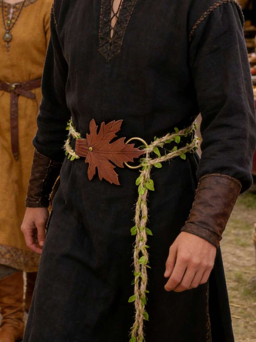 一套绿色叶子手工编织绳和PU皮革扣环，复古维京市场LARP精灵森林角色扮演服装道具DIY挂绳，文艺复兴时期万圣节、狂欢节、斋月配饰 - 彩色 - 查看 1