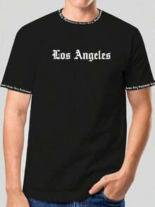 Mens Tshirts Shirts Manfinity Homme Men Plus Size Crew Neck Casual Los Angeles Letter Print Slim Short Sleeve Tee For Going Out, Ringer Tee Men's Pure Cotton T-Shirt Effortless Styling, Showcase Your Unique Style Men's Fashion Print Casual T-Shirt Casual Summer T-Shirt, Comfortable Outdoor Casual Wear - 黑色 - 查看 1