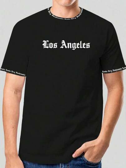 Herr-T-shirts Manfinity Homme Herr Plusstorlek Rund hals Casual Los Angeles Letter Print Slim Kortärmad T-shirt För Går Ut, Ringer T-shirt Herr T-shirt Ren Bomull Enkel Styling, Visa Upp Din Unika Stil Herrmode Tryck Casual T-shirt Casual Sommar T-shirt, Bekväma Fritidskläder För Utomhusbruk