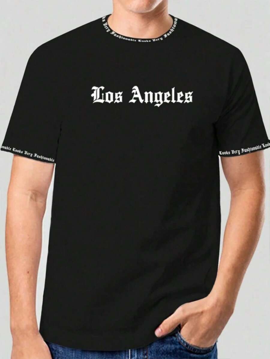 Mens Tshirts Shirts Manfinity Homme Men Plus Size Crew Neck Casual Los Angeles Letter Print Slim Short Sleeve Tee For Going Out, Ringer Tee Men's Pure Cotton T-Shirt Effortless Styling, Showcase Your Unique Style Men's Fashion Print Casual T-Shirt Casual Summer T-Shirt, Comfortable Outdoor Casual Wear - 黑色 - 查看 1