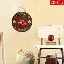 1pc Wooden Classroom Door Hanging Decor Plaque, Apple & Daisy Design, Wooden Welcome Door Decoration, Round Wooden Classroom Door Hanging Ornament, Teacher Decor, Nursery Room Door Sign - Red - View 3