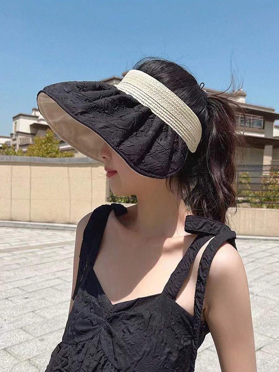 1顶女士宽檐遮阳帽,防紫外线,可折叠,夏季沙滩户外头带帽,可爱露顶设计,防晒,宽檐,透气,适合旅行和日常佩戴。2026新款黑米色防晒护目帽,头带设计,夏季休闲女士帽,可爱少女风宽檐遮阳帽 - 彩色 - 查看 1