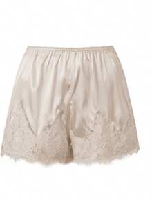 Boho Women's Lace Trim Satin Silk Shorts Shiny Elastic Waist Mini Shorts Pettipants Half Slip Shorts French Knickers Boyshorts For Dresses Full Coverage Underwear Lounge Pants - 奶油色 - 查看 6
