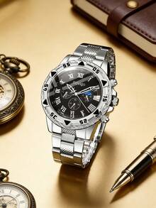 3pcs Men's Business Luxury Set, Including Silver-Blue Dial Quartz Watch, Embossed Wallet And Metal Ballpoint Pen. The Watch Features Roman Numerals And Multi-Function Chronograph Design, With Embossed Steel Strap, Exuding An Elegant And Steady Style. - Silver - View 7