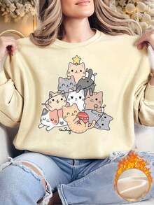 Valentine Outfits For Women20262025 New Sweatshirts Women's Fleece-Lined Round Neck Sweater - Fun Cat And Star Print, Comfortable Winter And Autumn Pullover, Machine Washable, Casual Loose And Comfortable Garmentvalentine's Day Valentines Clothes - 杏色 - 查看 11