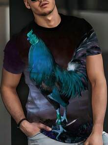 Men's 3D Rooster Print T-Shirt - Casual Short Sleeves, Round Neck, Top With Big Rooster Pattern - Multicolor - View 3