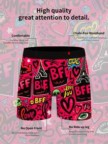 男士平角内裤 1 件装 - “BFF”涂鸦印花内裤，饰有巴黎埃菲尔铁塔和爱心图案，俏皮时尚，日常穿着亦可作为送给好朋友的礼物 - 黑色 - 查看 3