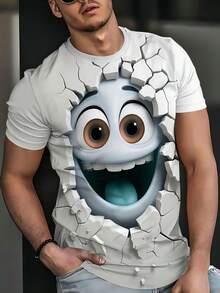Camiseta blanca de manga corta con cuello redondo, estampado 3D de expresión linda de pared rota, 100% poliéster, para hombre - Multicolor - Ver 3