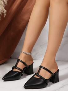 FVPFVP 2025春夏新款尖头粗跟套脚凉鞋，户外穿着，时尚百搭女鞋 - 黑色 - 查看 3