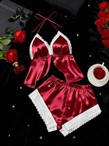 情人节礼物蕾丝缎面性感内衣套装 - 吊带开衩文胸和弹力短裤 - 女士贴身睡衣 - 酒紅色 - 查看 3