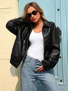 女士仿皮夹克，宽松机车飞行员夹克，Y2K风格 - 深黑色 - 查看 4
