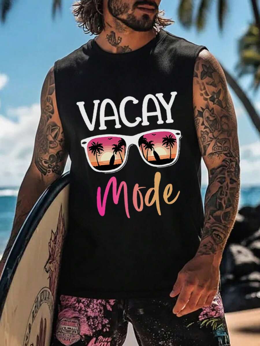 Men's Casual Sleeveless Vest With Palm Tree & Sunset Print, Minimalist & Fashionable For Daily Wear - Black - View 1