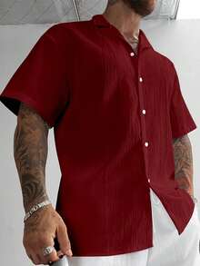 Áo sơ mi nam tay ngắn kiểu retro GloMan bằng vải lanh, dáng rộng thoải mái, thích hợp mặc đi biển, lý tưởng cho kỳ nghỉ hè, quà tặng Ngày của Cha, màu trắng. - Đỏ - Xem 3