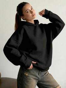 简约设计女士宽松长袖套头卫衣，适合秋季、冬季、春季穿着，也可作为万圣节服装、休闲外套，黑色，时尚女式卫衣 - 黑色 - 查看 5