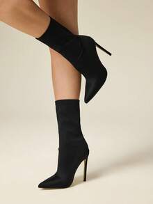 Sexy Mode Party-/Pendler-Stiefel für Frauen, schwarz, elastisch, Lycra, spitzer Zehenbereich, 9,5 cm dünner Absatz, Schlupfeinstieg, Knöchelhöhe, Herbst/Winter - Schwarz - Übersicht 6