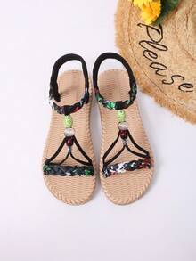 Sandal đế bằng nữ mùa hè mới, mũi tròn, đính hạt thủ công, phong cách Bohemian, đa năng, thoải mái, thích hợp cho kỳ nghỉ. - màu đen - Xem 4