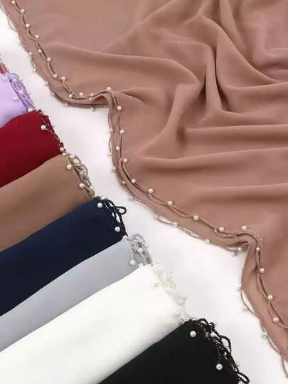 1pc Chiffon Long Scarf With Pearl Beaded Wavy Trim, Decorative Sunscreen Middle Eastern Headscarf/Hijab For Women