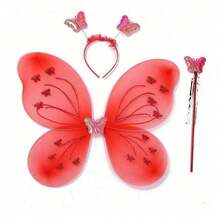 Kit Of 3 Butterfly Wing Fairy Costume With Wand And Tiara - Red - View 2