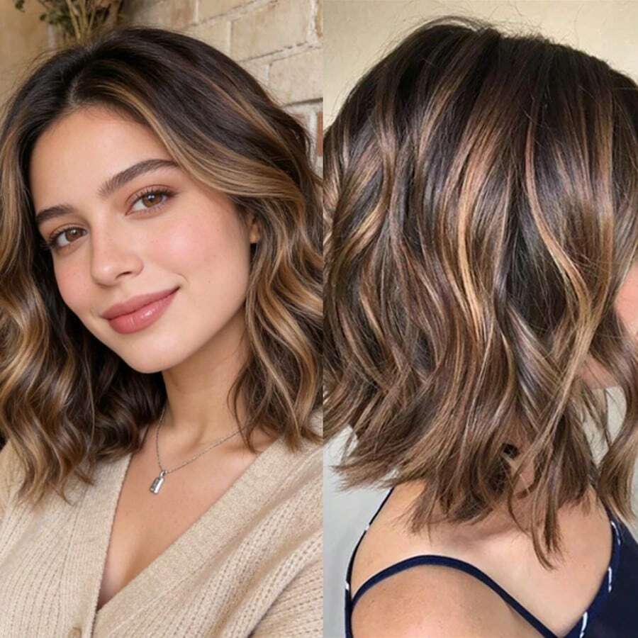 Peluca corta con ondas de bob, con degradado marrón y reflejos dorados para mujeres, sin pegamento, con línea del cabello previamente desbastada, de fibra resistente al calor de alta calidad, adecuada para cosplay, uso diario y fiestas - Multicolor - Ver 1