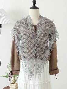 新款热销女士三角披肩，网纱、亮片和蕾丝饰边——多功能头巾围巾，浪漫透气，纯色，宽松版型 - 大尺寸版白色 - 查看 6